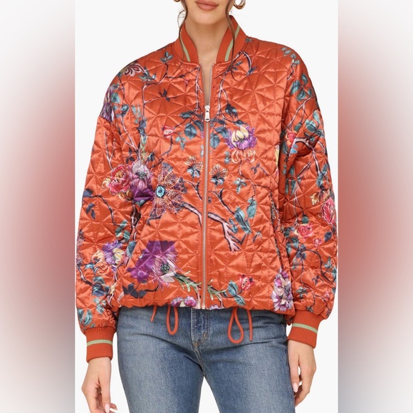 Avec Les Filles Jackets & Blazers - Avec Les Filles Quilted Floral Bomber Jacket in Spice Floral